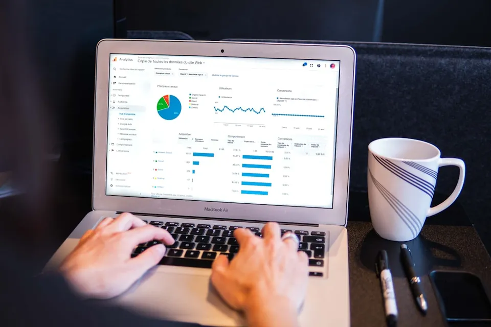 Engineer reviewing website analytics and crawler metrics on a laptop